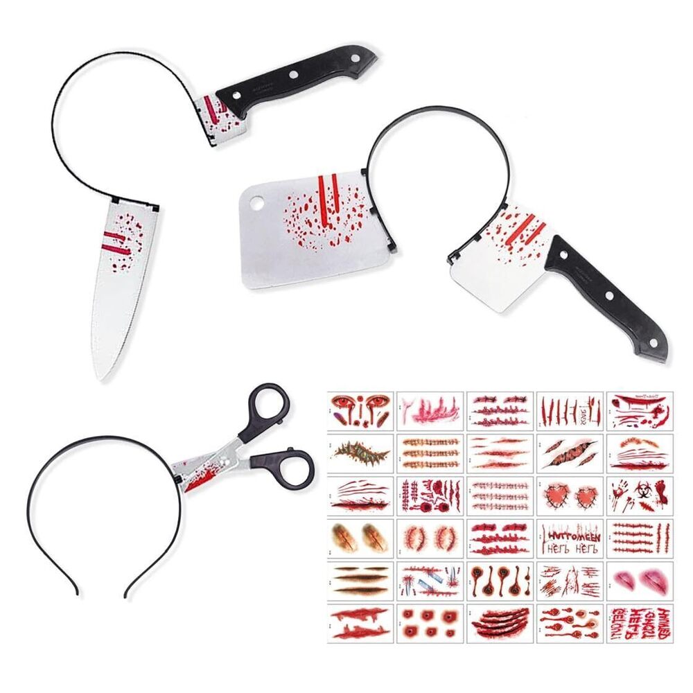 5654 3Pcs Halloween Knife Headbands + 30Pcs Scar Temporary Tattoos,Haunted - Picture 1 of 7